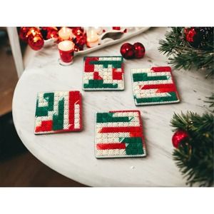 Holiday crewel coasters set of 4 handmade vintage